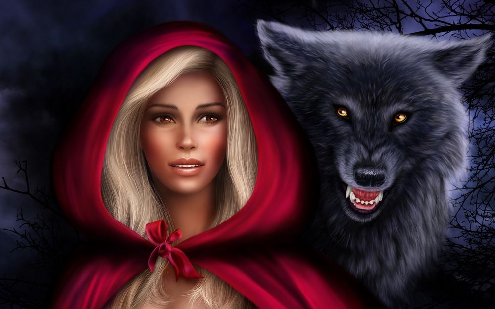 Обои для рабочего стола Белокурая девушка в красном плаще и серый оскалившийся волк