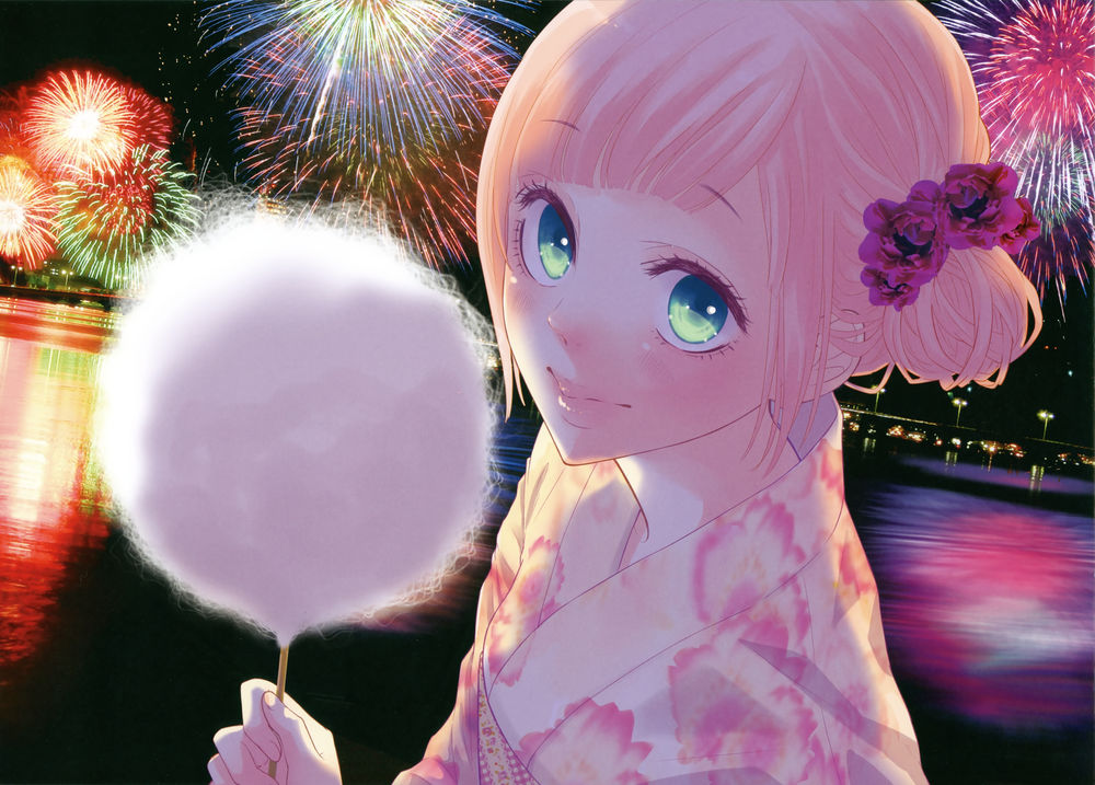 Обои для рабочего стола Вокалоид / vocaloid Megurine Luka в кимоно со сладкой ватой на фоне ночного салюта