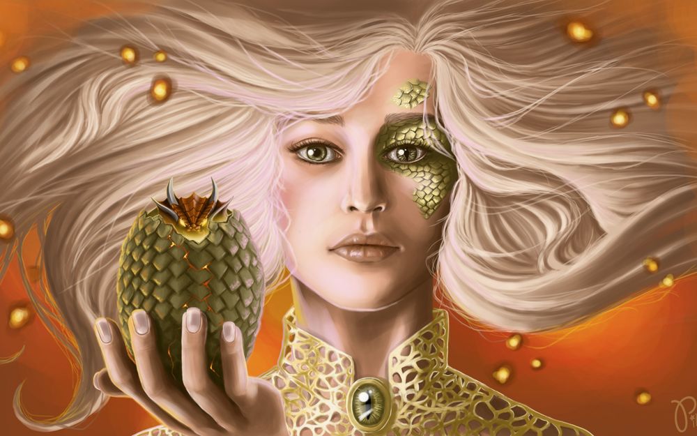 Обои для рабочего стола Дейенерис Таргариен / Daenerys Targaryen с яйцом дракона в руке, арт к сериалу Игра престолов / Game of Thrones