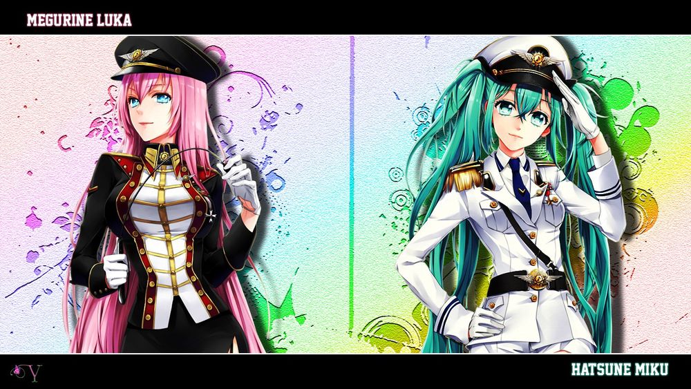 Oboi Vocaloid Hatsune Miku Vokaloid Hatsune Miku I Megurin Lyuka Megurine Luka V Paradnoj Voennoj Forme Na Rabochij Stol