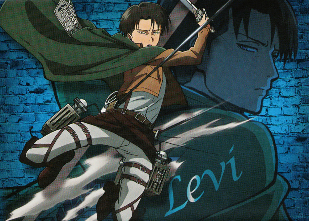 Обои для рабочего стола Атака Титана / Attack on Titan / Shingeki no Kyojin, художник Hajime Isayama, Леви Акерман / Levi Ackerman с клинками атакует