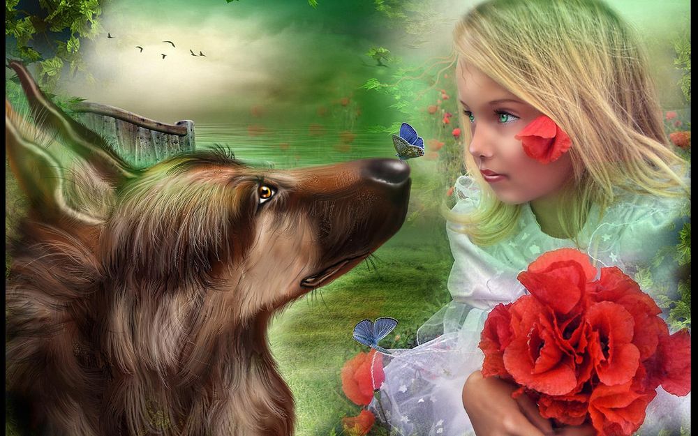Обои для рабочего стола Девочка с зелеными глазами и с букетом красных маков сидит напротив собаки, у которой на носу сидит синяя бабочка