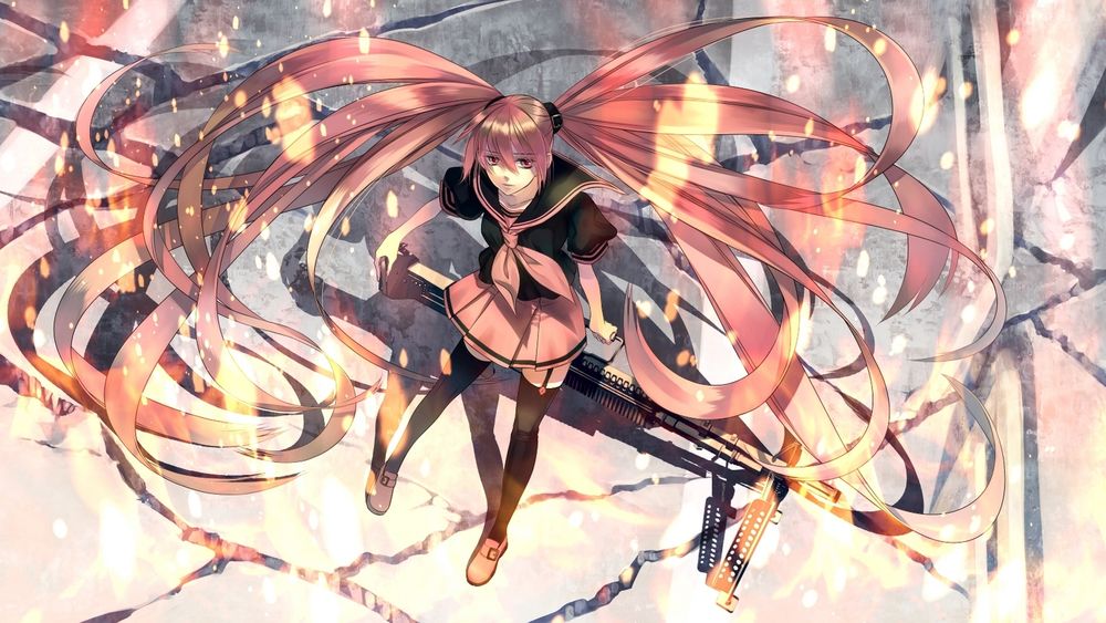Обои для рабочего стола Vocaloid Hatsune Miku / Вокалоид Хатсуне Мику в матроске и чулках с пулеметом