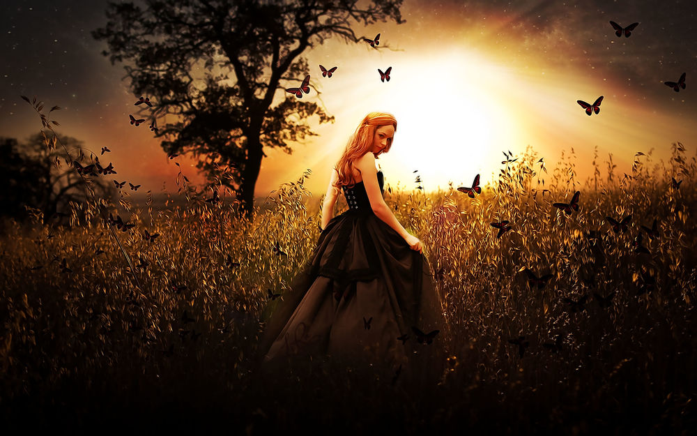 Обои для рабочего стола Девушка в пышном платье стоит в поле на закате дня в окружении бабочек