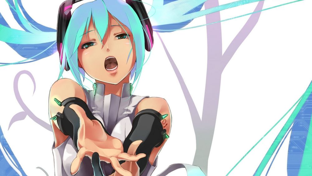 Обои для рабочего стола Vocaloid Hatsune Miku / Вокалоид Хатсуне Мику выразительно поет
