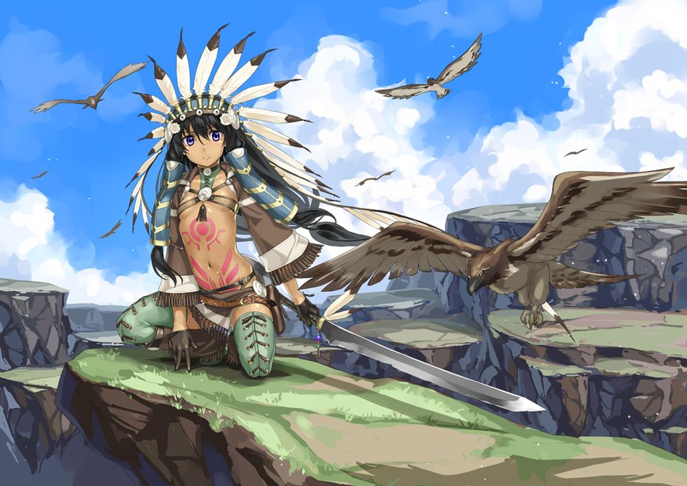 Обои для рабочего стола Индейская девочка в головном уборе из перьев с мечом сидит на скале