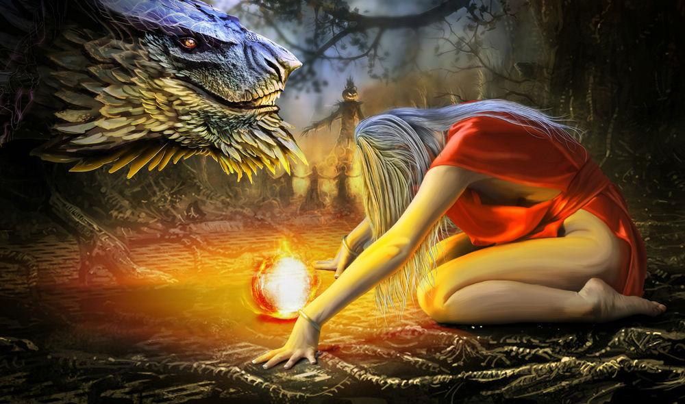 Обои для рабочего стола Девушка в красной тунике поклоняется дракону, обряд жертвоприношения