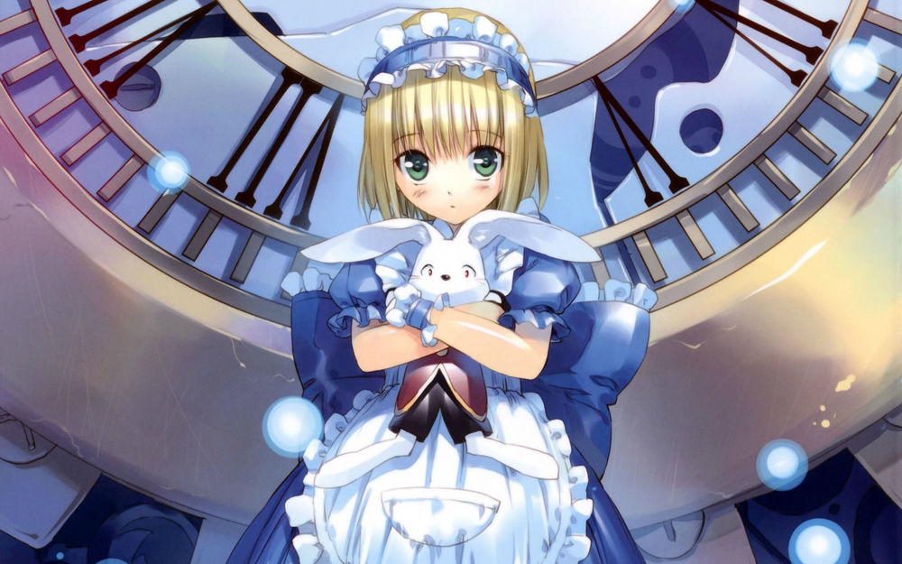 Обои для рабочего стола Alice in Wonderland, художник Ueda Ryo, Алиса c белым кроликом на фоне циферблата