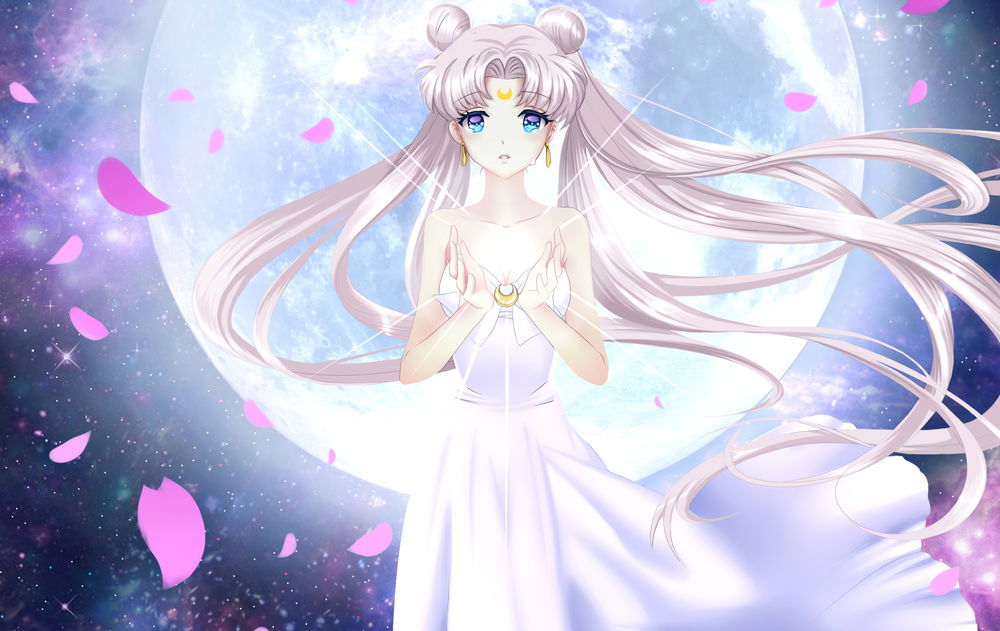 Обои для рабочего стола Сейлор Мун / Sailor Moon на фоне полной луны и летающих лепестков сакуры