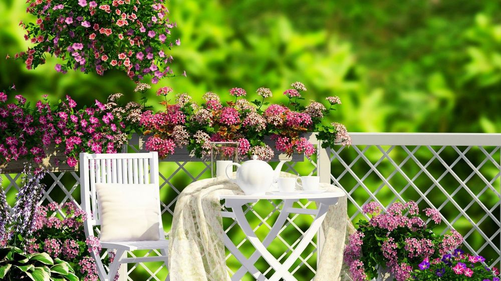 Обои для рабочего стола Завтрак в саду на фоне цветов, ограждения, размытой зелени