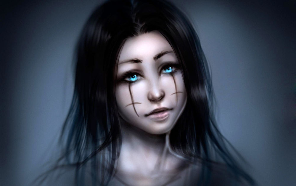 Обои для рабочего стола Грустная темноволосая девушка с голубыми глазами, с рисунками в виде крестов на щеках, art by Bouno Satoshi