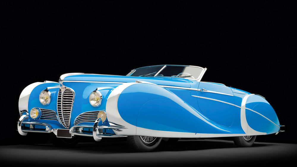 Обои для рабочего стола 1949 Delahaye 175 S Saoutchik Roadster — самый красивый родстер послевоенной эпохи голубого цвета, на черном фоне