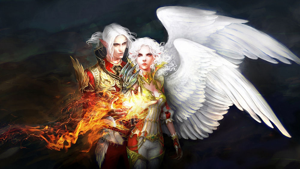 Обои для рабочего стола Ангелы эльфов с белыми волосами и белыми крыльями за спиной стоят, удерживая между рук огненный шар