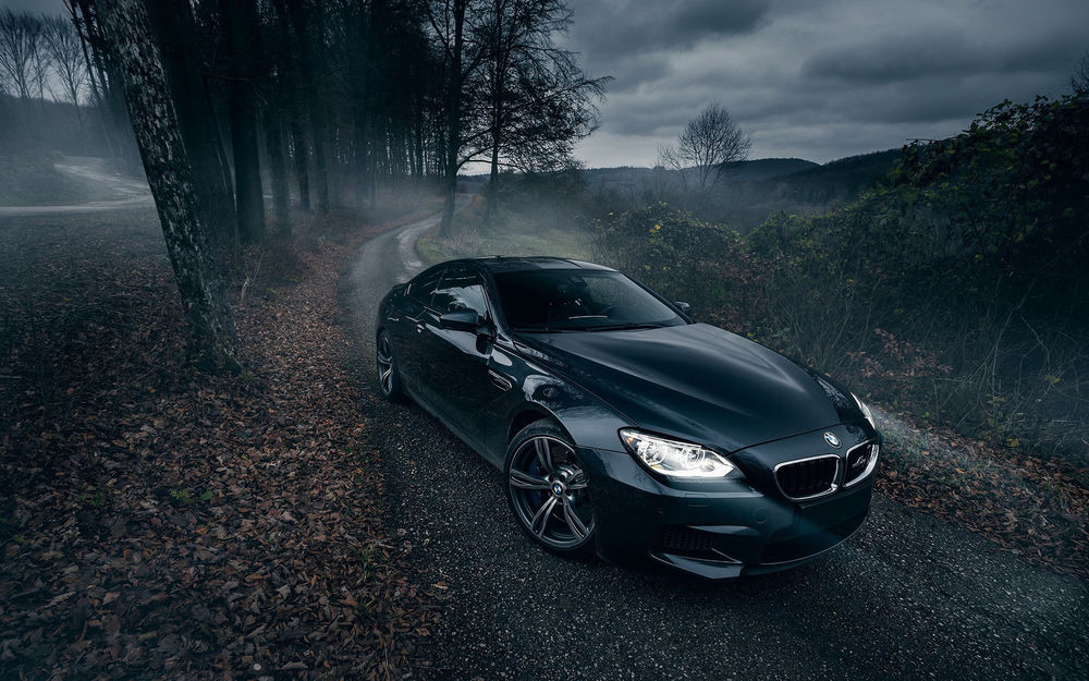 Обои для рабочего стола Черный BMW M6 на лесной дороге
