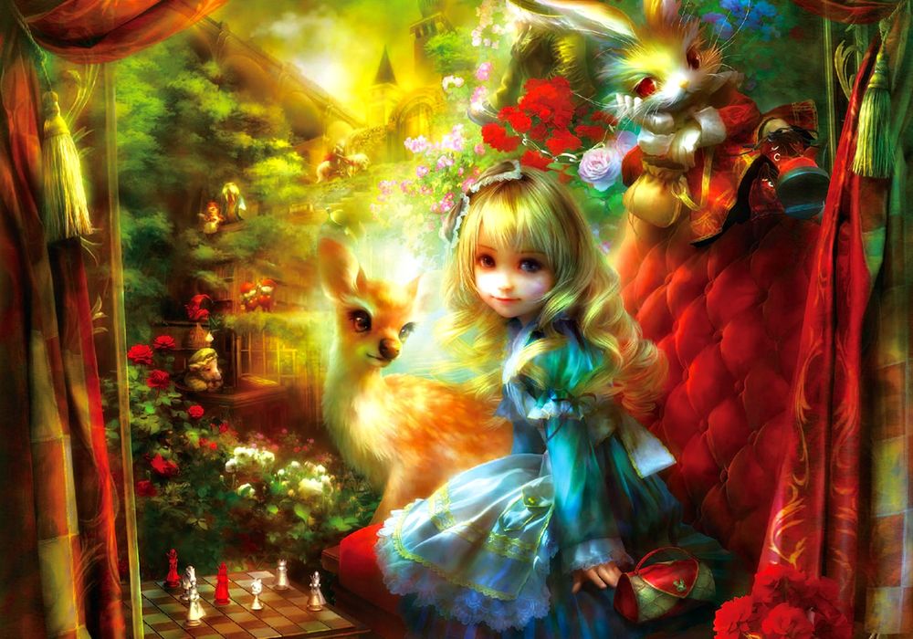 Обои для рабочего стола Белокурая девочка сидит в красном кресле, рядом с ней олененок и кролик, у ног стоит шахматная доска, все окружено цветами и яркими красками, иллюстрация к книге Льюиса Кэрролла Алиса в стране чудес