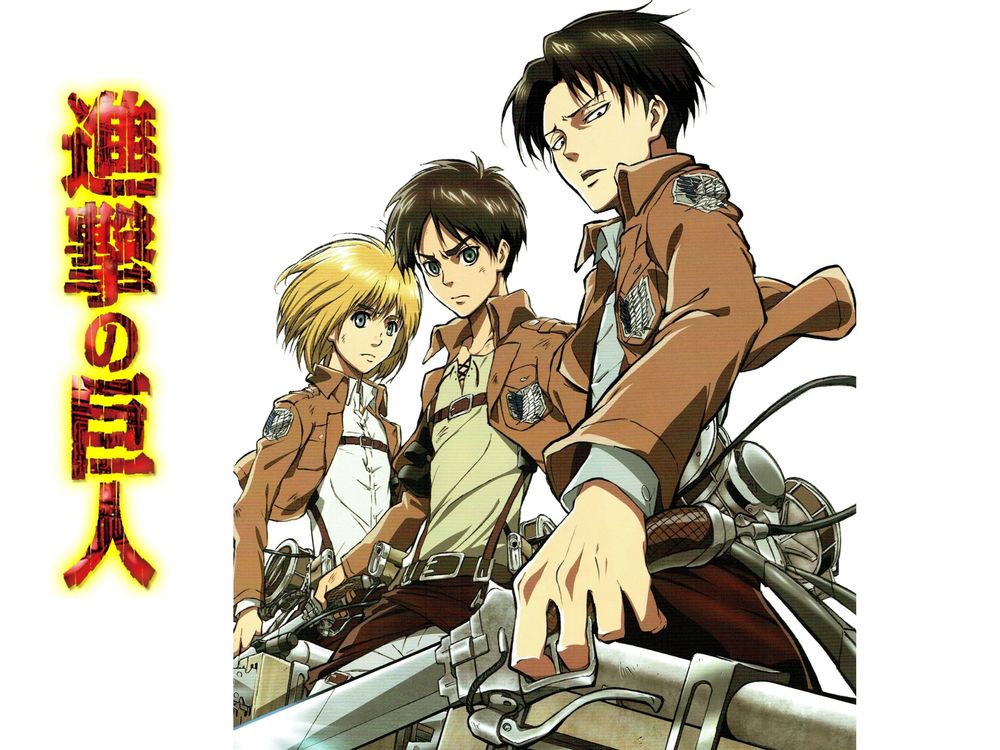 Обои для рабочего стола Атака Титана / Attack on Titan / Shingeki no Kyojin, художник Hajime Isayama, Levi Ackerman, Eren Yeager и Armin Arlert с оружием на белом фоне