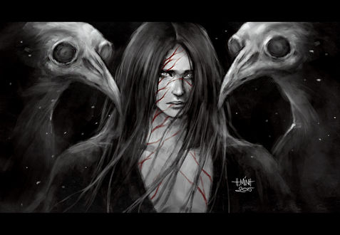 Обои на рабочий стол Темноволосый парень и две скелетообразных птицы, art by NanFe
