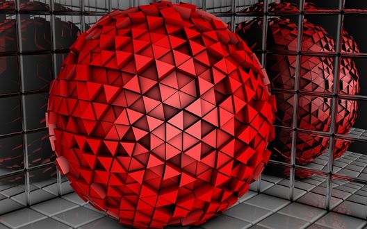 Обои на рабочий стол Графическое изображение красного шара из треугольных элементов