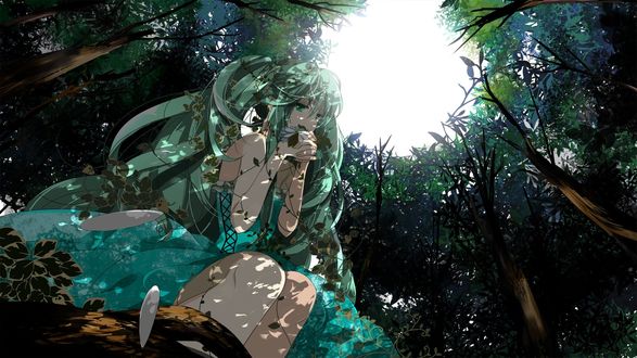 Обои на рабочий стол Vocaloid Hatsune Miku / Вокалоид Хатсуне Мику сидит в окружении деревьев и гадает на ромашке
