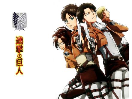 Обои на рабочий стол Атака Титана / Attack on Titan / Shingeki no Kyojin, художник Hajime Isayama, Levi Ackerman, Eren Yeager, Erwin Smith и Zoe Hanji с оружием на белом фоне