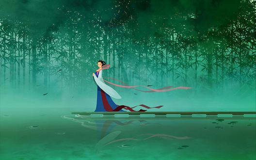 Обои на рабочий стол Принцесса Mulan / Мулан стоит на краю мостика у водоема, мультик Диснея Mulan / Мулан