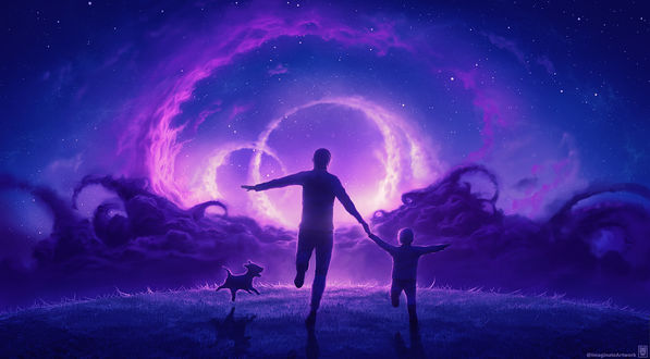 Обои на рабочий стол Мужчина, мальчик и собака на фоне ночного неба, art by ImaginateArtwork