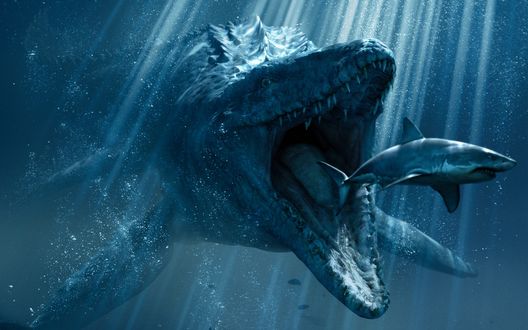 Обои на рабочий стол Мир Юрского периода / Jurassic World, под водой динозавр с раскрытой пастью нападает на акулу, лучи солнца пробиваются сквозь толщу воды