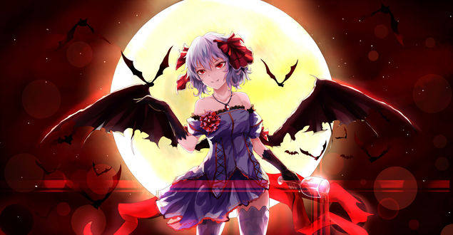 Обои на рабочий стол Remilia Scarlet / Ремилия Скарлет на фоне полной луны, персонаж из серии компьютерных игр Touhou Project / «Проект «Восток»», art by White Crow