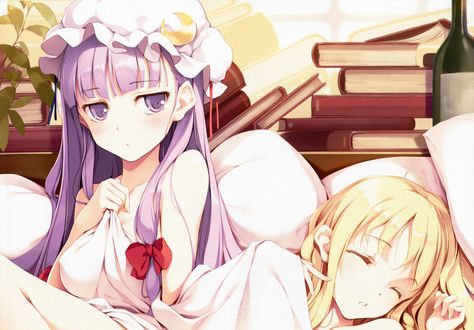 Обои на рабочий стол Patchouli Knowledge / Пачули Нолидж и Kirisame Marisa / Мариса Кирисаме, персонажи из серии компьютерных игр Touhou Project / «Проект «Восток»», art by ke-ta