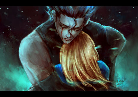 Обои на рабочий стол Лансер / Lancer и Сейбер / Saber из аниме Судьба: Начало / Fate / Zero, art by NanFe