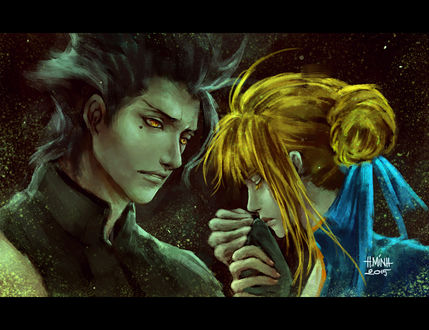 Обои на рабочий стол Лансер / Lancer и Сейбер / Saber из аниме Судьба: Начало / Fate / Zero, art by NanFe