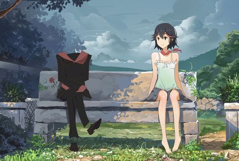 Обои на рабочий стол Ryuuko Matoi и Senketsy из аниме Kill la Kill отдыхают на скамейке в парке