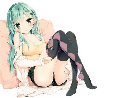 Обои на рабочий стол Suzuya прислонилась спиной к подушке, персонаж из браузерной карточной игры в реальном времени Kantai Collection (KanColle) / Флотская коллекция, art by Peko