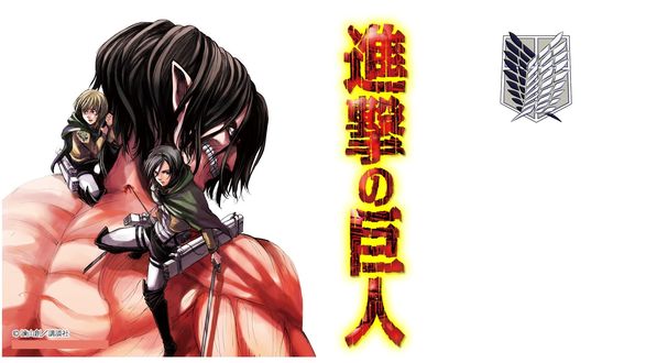 Обои на рабочий стол Mikasa Ackerman и Armin Arlert с оружием сидят плечах титана на белом фоне из аниме Атака Титана / Attack on Titan / Shingeki no Kyojin