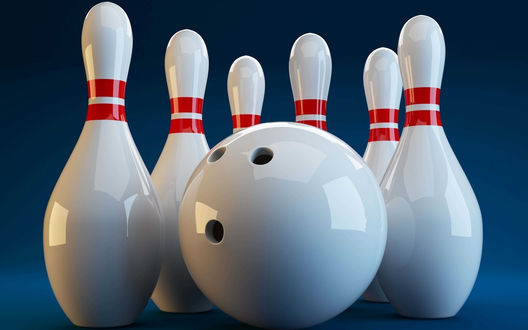 Обои на рабочий стол Шар и кегли для игры в боулинг на синем фоне. / Bola con cinco pines de bowling sobre un fondo azul en tercera dimensiГіn