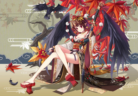 Обои на рабочий стол Shameimaru Aya / Ая Шамеймару, персонаж из серии компьютерных игр Touhou Project / «Проект «Восток»», art by Shinebell