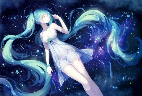 Обои на рабочий стол Vocaloid Hatsune Miku / Вокалоид Хатсунэ Мику лежит на поверхности воды, art by Tidsean