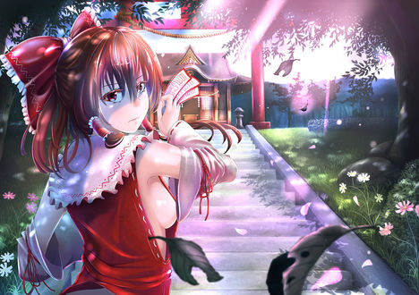 Обои на рабочий стол Hakurei Reimu / Рейму Хакурей стоит перед лестницей ведущей к храму, персонаж из серии компьютерных игр Touhou Project / «Проект «Восток»», art by Mochi (chain csn)