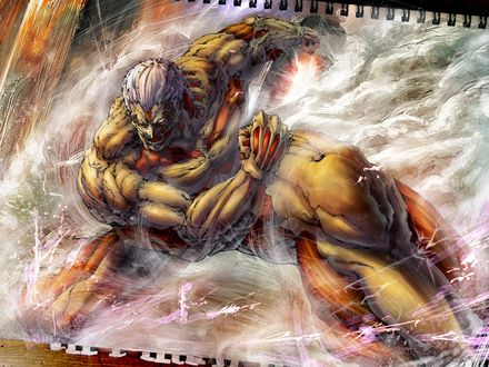 Обои на рабочий стол Атака Титана / Attack on Titan / Shingeki no Kyojin, художник Hajime Isayama, мощный титан пробивает стену