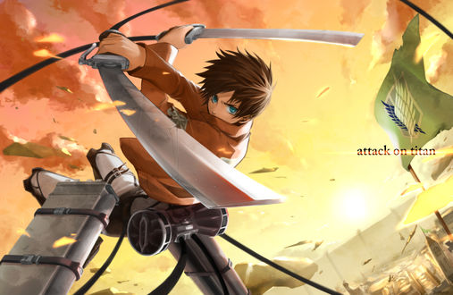 Обои на рабочий стол Атака Титана / Attack on Titan / Shingeki no Kyojin, Eren Yeager с оружием на фоне неба
