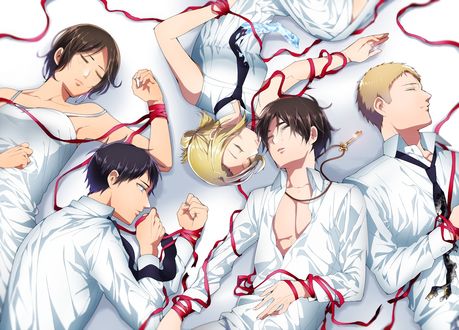Обои на рабочий стол Атака Титана / Attack on Titan / Shingeki no Kyojin, Levi Ackerman, Eren Yeager, Erwin Smith, Mikasa и Annie Leonhardt лежат в белой одежде, связанные красной лентой