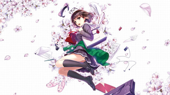 Обои на рабочий стол Katou Megumi / Мэгуми Като на клетчатом фоне в окружении цветов и канцелярии, персонаж из аниме Saenai Heroine no Sodatekata / Как воспитать из обычной девушки героиню, art by Misaki Kurehito