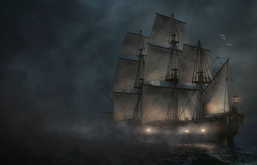 Обои на рабочий стол Парусник в ночном море, by annewipf