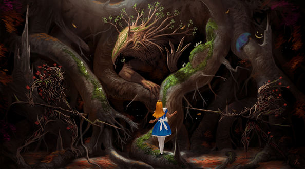 Обои на рабочий стол Alice и Чеширский кот из сказки Alice in Wonderland / Алиса в стране чудес
