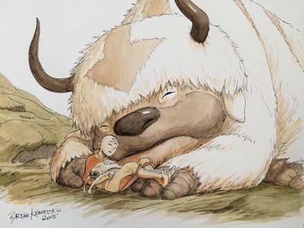 Обои на рабочий стол Аang / Аанг, Мomo / Момо и Аppa / Аппа из мультсериала Avatar: The Legend of Aang / Аватар: Легенда об Аанге