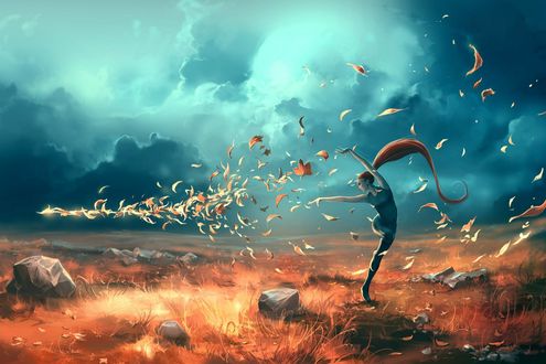 Обои на рабочий стол Девушка с поднятыми руками к летящим листьям, ву Cyril ROLANDO
