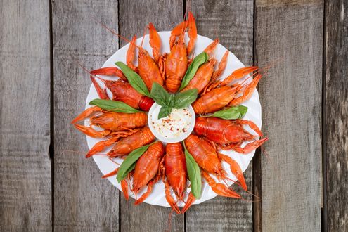 Обои на рабочий стол Тарелка с раками и соусом