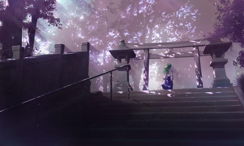 Обои для рабочего стола Sanae Kochiya из серии компьютерных игр Touhou Project / Проект «Восток» стоит спиной на верхней ступени лестницы перед воротами к храму