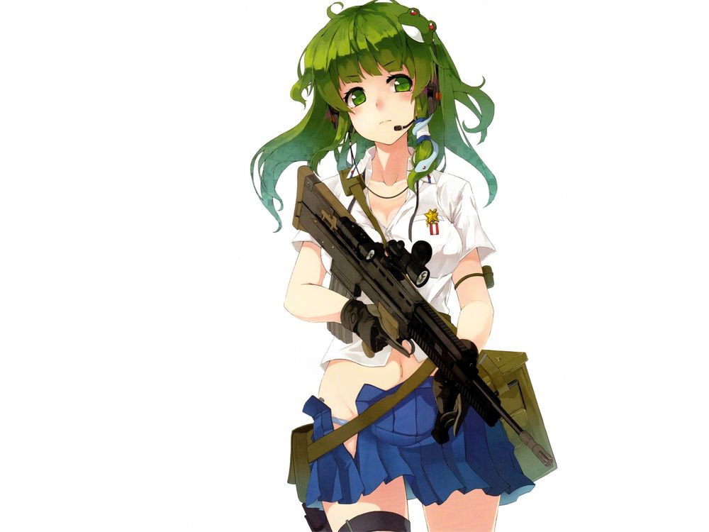 Обои для рабочего стола Kochiya Sanae / Котия Санаэ из игры Touhou Project / Проект Восток с автоматом в мини-юбке на белом фоне
