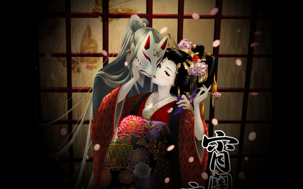 Обои для рабочего стола Гейша и самурай в маске демона лиса обнимаются ночью под опадающими лепестками сакуры, художник Itto-Maru